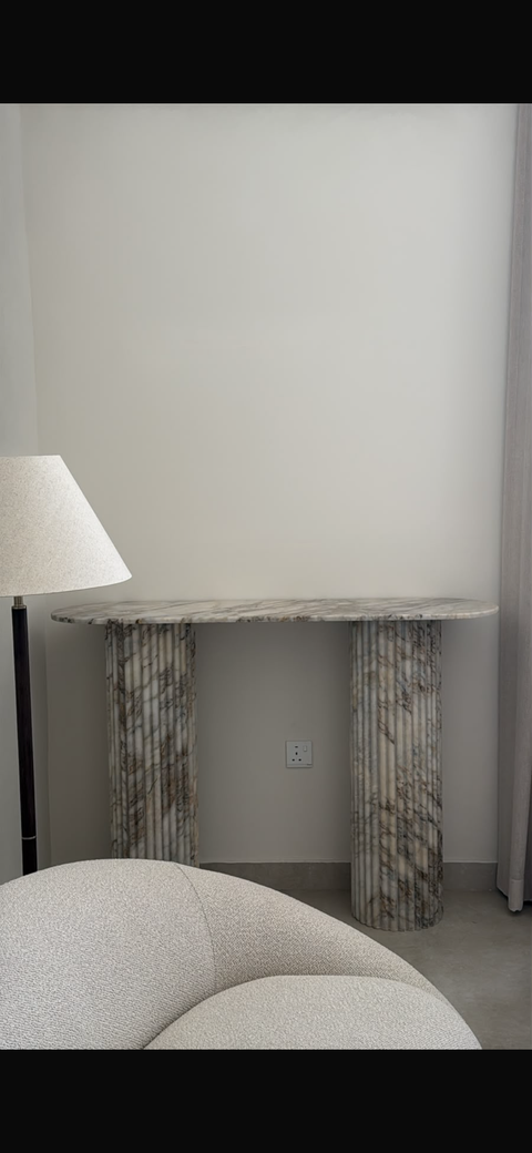 Oval Calacatta Monet Marble Console Table with Fluted Pedestals